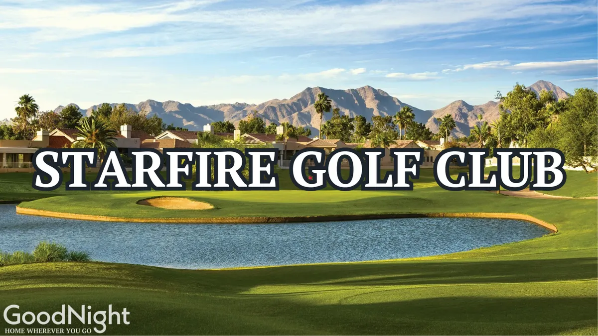 A sweeping exterior view of a lush golf course bordered by a lake and framed by mountains in the distance. Palm trees and a stylish clubhouse are visible, suggesting an upscale and picturesque setting for golf and socializing.